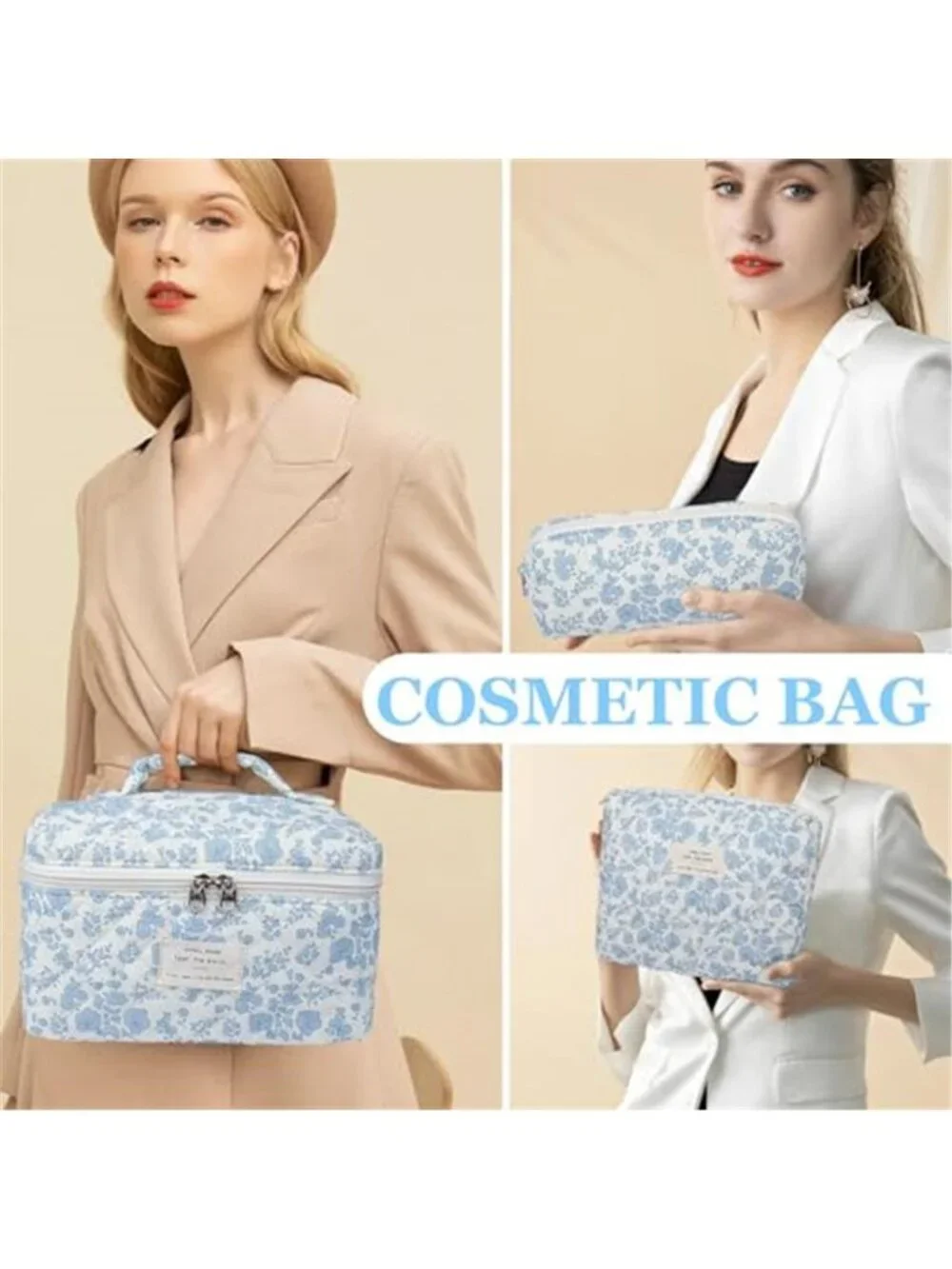 Quilted Floral Makeup Bag Set 3 Piece Cotton Travel Toiletry Organizer for Women